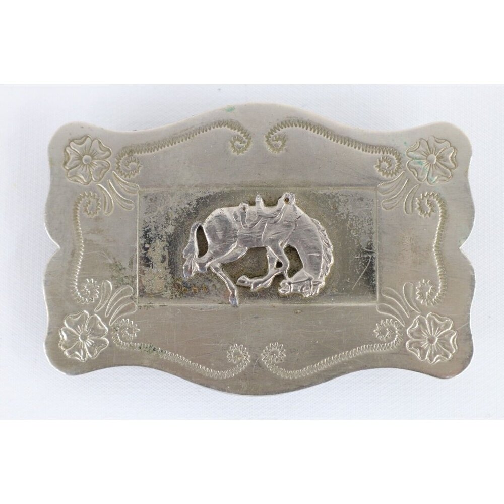 Vintage 70s Rockabilly Silver Nickel Flower Bucking Horse Bronco Belt Buckle